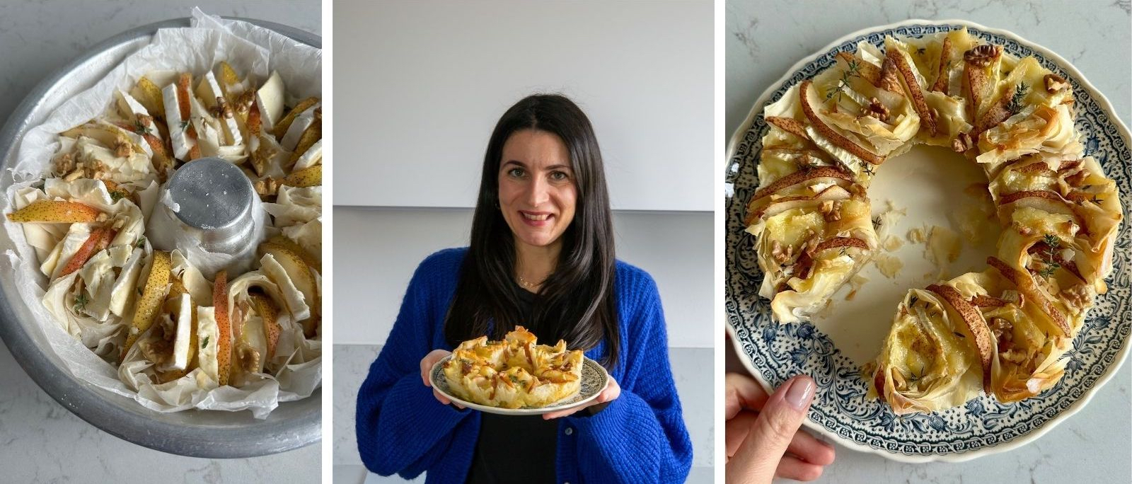 Torta fisarmonica con pasta phyllo a forma di ghirlanda con pere, noci, brie, timo, panna